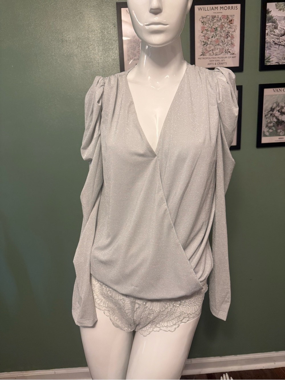 easel Sparkle Wrap-Front Long Sleeve Body Suit in Light Silver NWT Size M